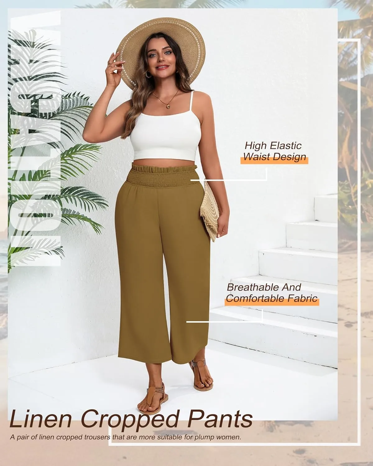 2 Pack Women's Plus Size Linen Pants, Elastic Waist Flowy Cropped Pants Casual Wide Leg Capri Palazzo Trousers
