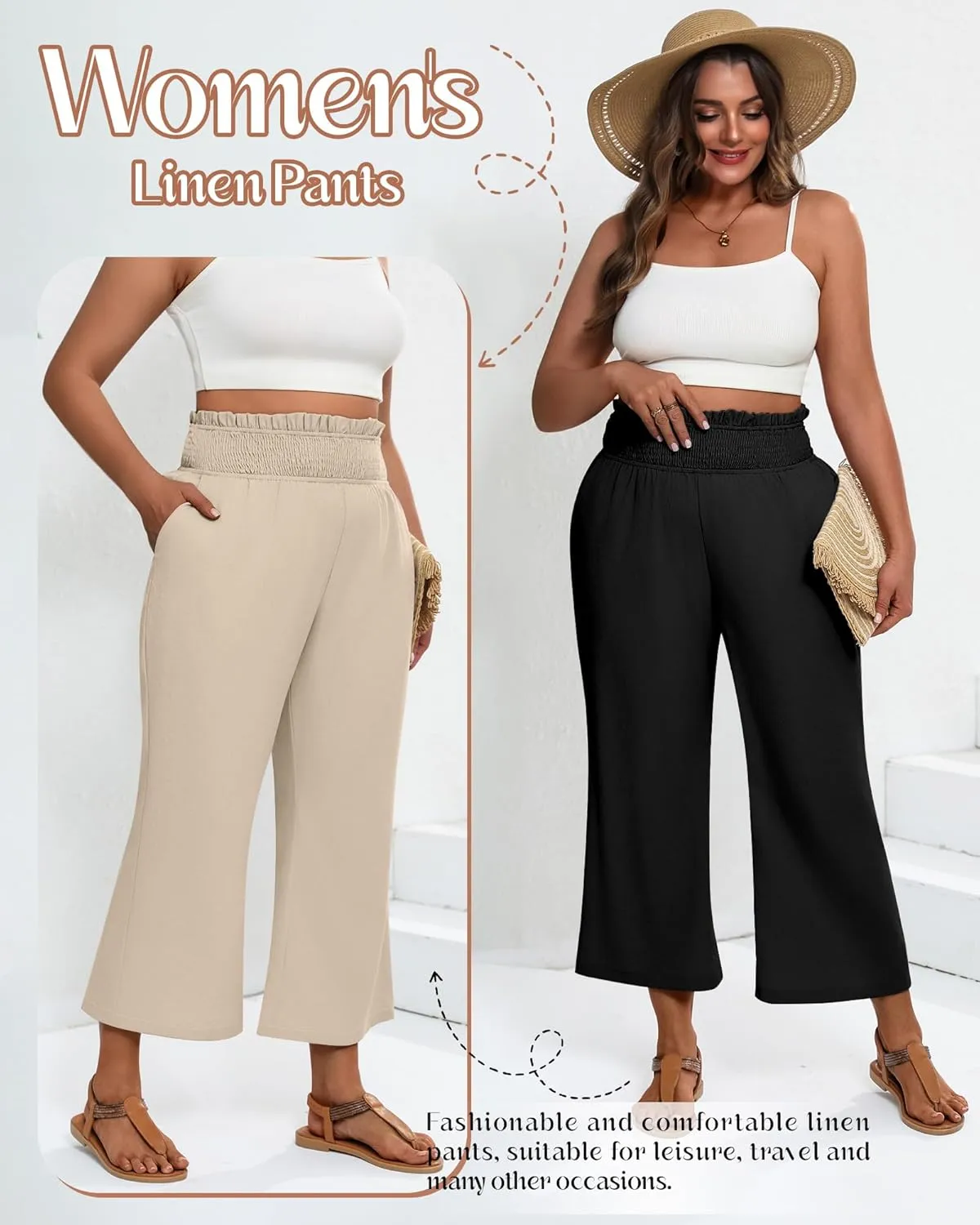 2 Pack Women's Plus Size Linen Pants, Elastic Waist Flowy Cropped Pants Casual Wide Leg Capri Palazzo Trousers