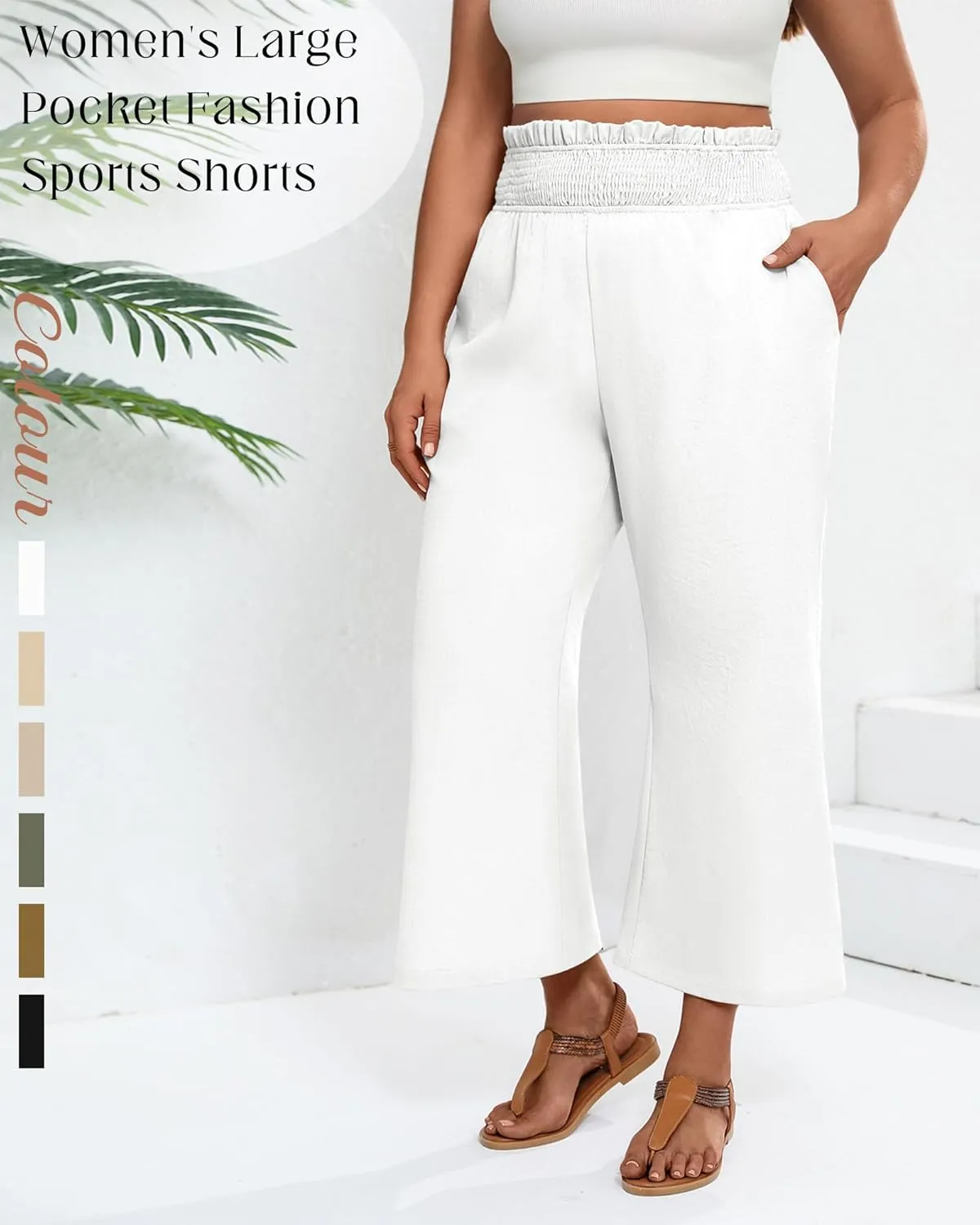 2 Pack Women's Plus Size Linen Pants, Elastic Waist Flowy Cropped Pants Casual Wide Leg Capri Palazzo Trousers