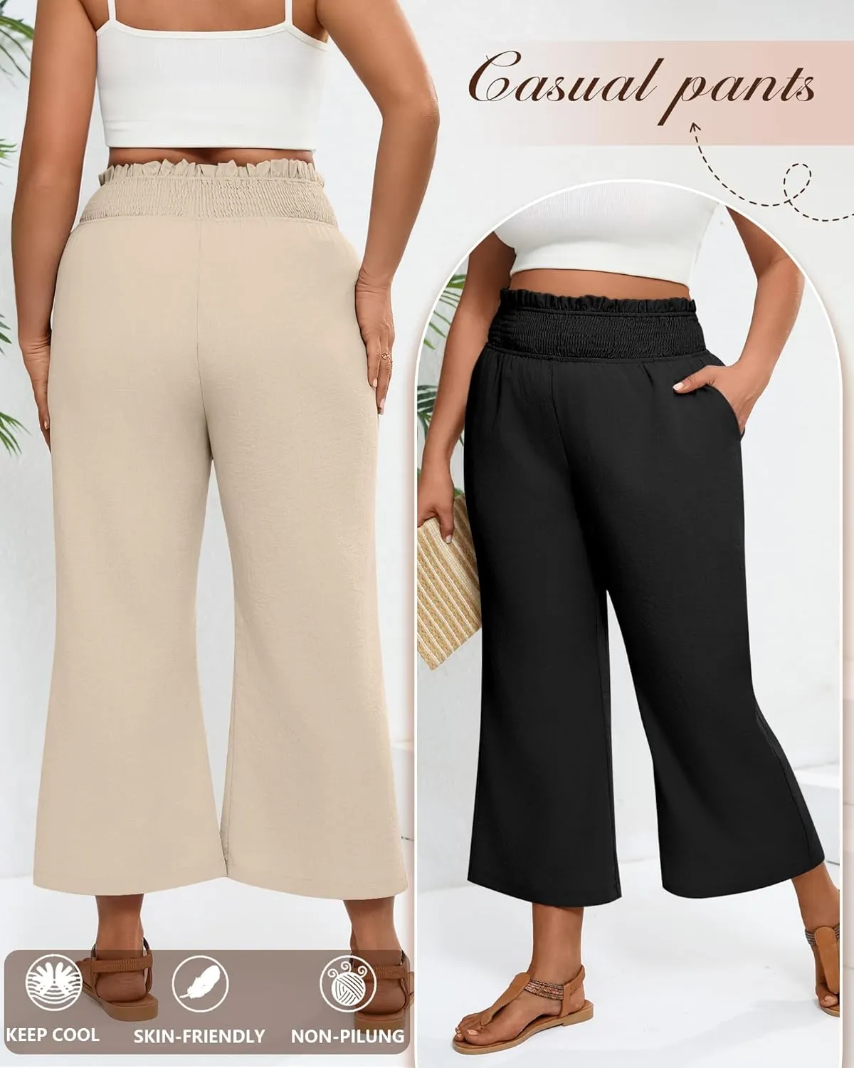 2 Pack Women's Plus Size Linen Pants, Elastic Waist Flowy Cropped Pants Casual Wide Leg Capri Palazzo Trousers