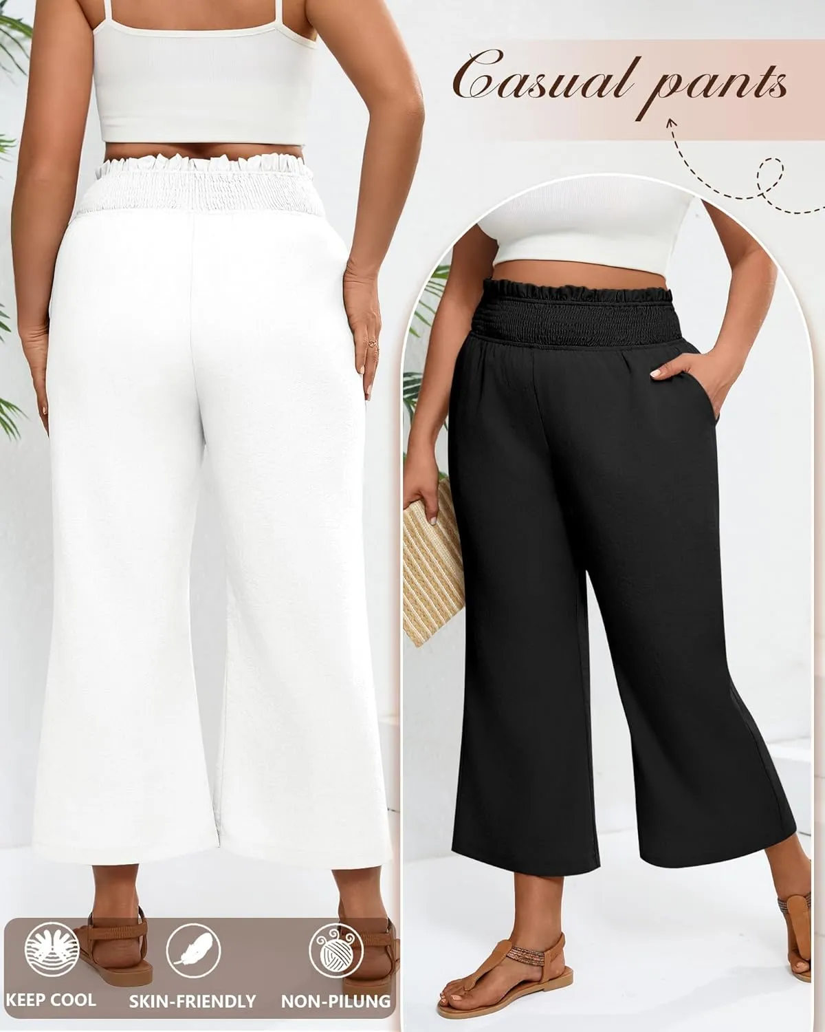 2 Pack Women's Plus Size Linen Pants, Elastic Waist Flowy Cropped Pants Casual Wide Leg Capri Palazzo Trousers