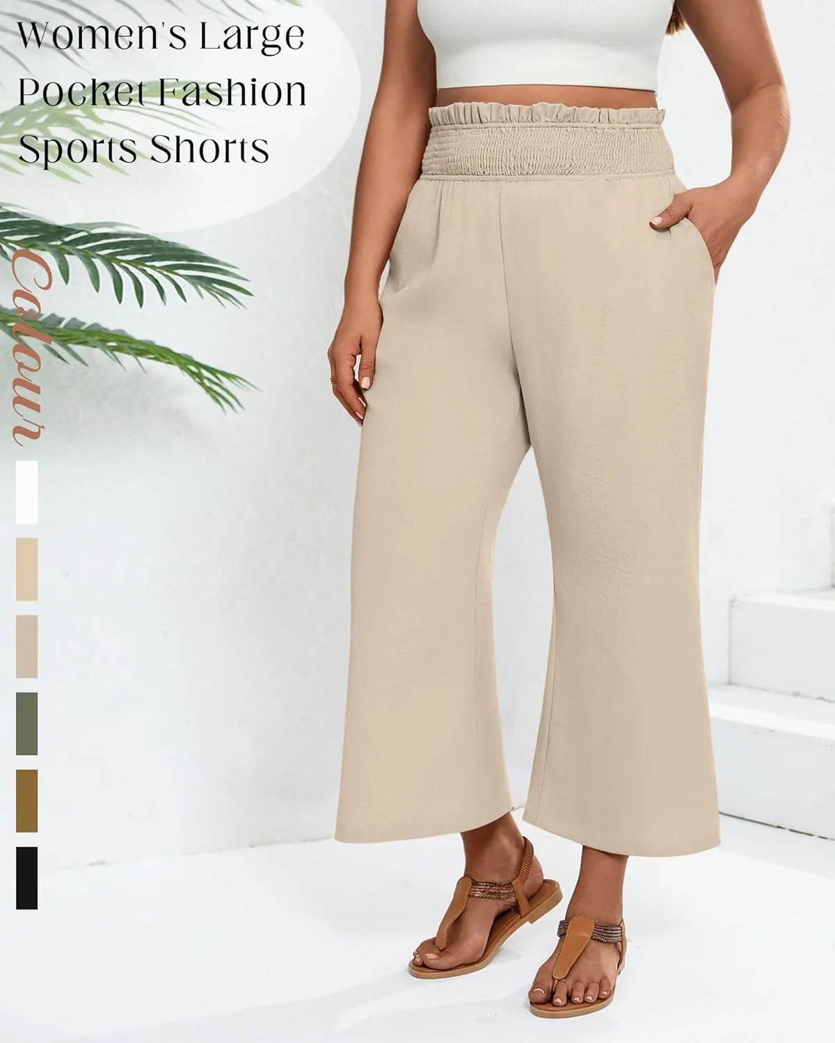 2 Pack Women's Plus Size Linen Pants, Elastic Waist Flowy Cropped Pants Casual Wide Leg Capri Palazzo Trousers