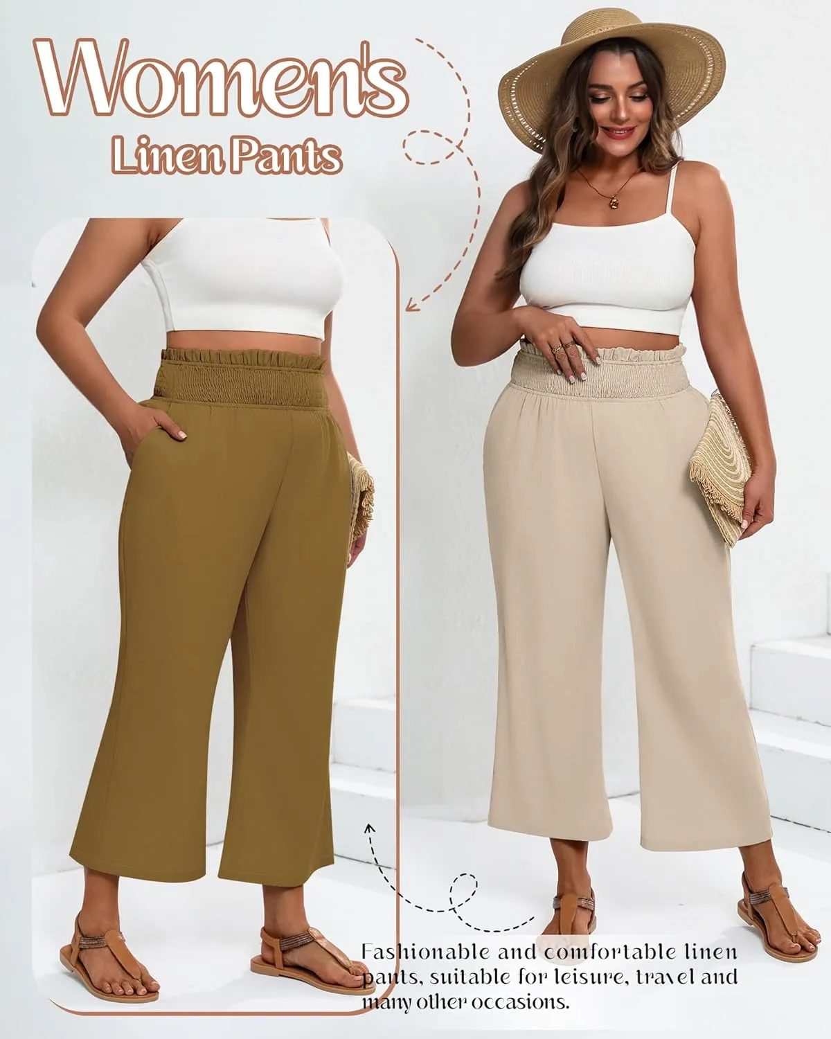 2 Pack Women's Plus Size Linen Pants, Elastic Waist Flowy Cropped Pants Casual Wide Leg Capri Palazzo Trousers