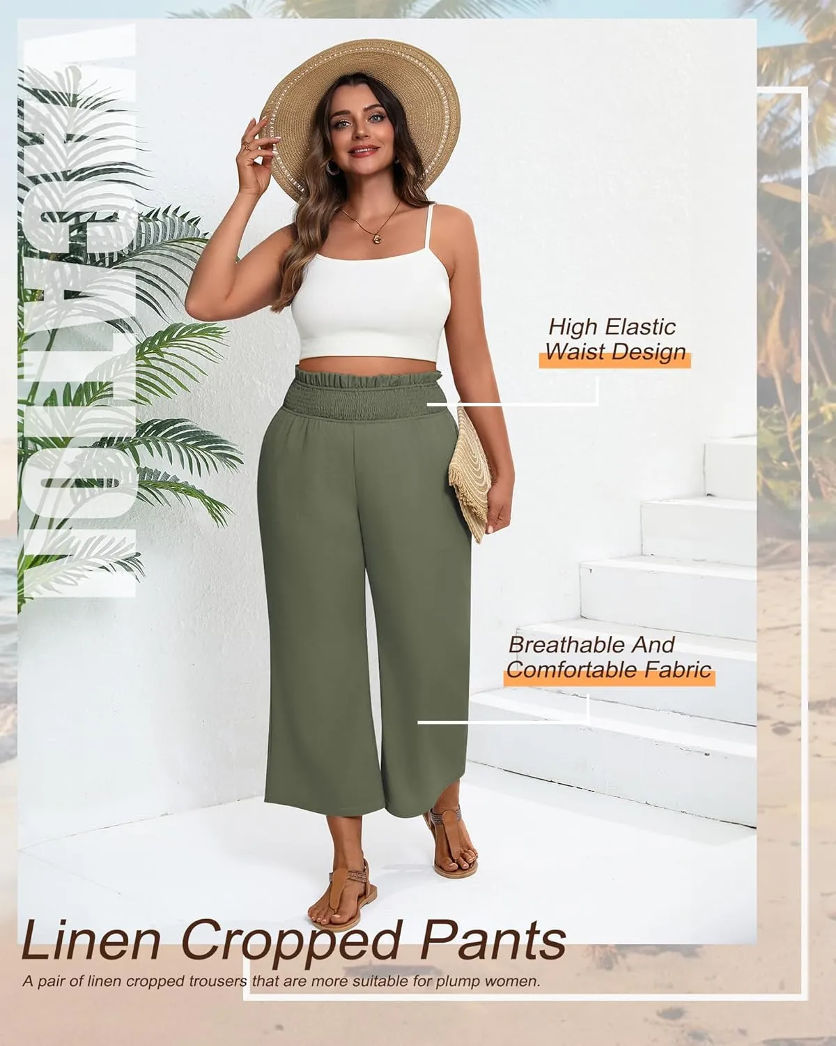 2 Pack Women's Plus Size Linen Pants, Elastic Waist Flowy Cropped Pants Casual Wide Leg Capri Palazzo Trousers