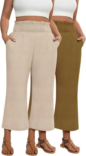 2 Pack Women's Plus Size Linen Pants, Elastic Waist Flowy Cropped Pants Casual Wide Leg Capri Palazzo Trousers