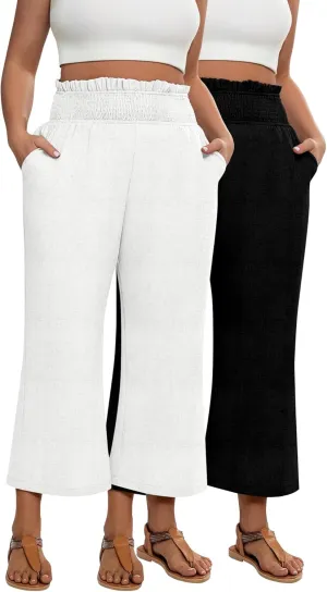 2 Pack Women's Plus Size Linen Pants, Elastic Waist Flowy Cropped Pants Casual Wide Leg Capri Palazzo Trousers