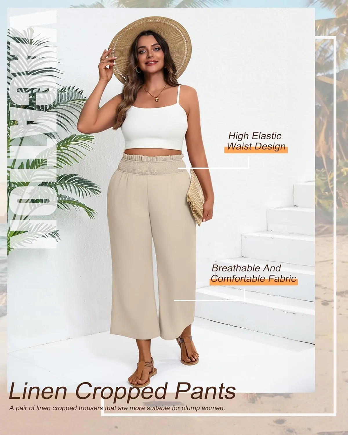 2 Pack Women's Plus Size Linen Pants, Elastic Waist Flowy Cropped Pants Casual Wide Leg Capri Palazzo Trousers