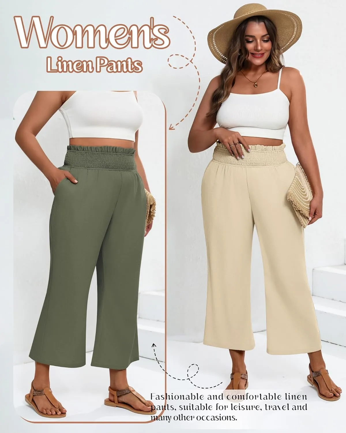 2 Pack Women's Plus Size Linen Pants, Elastic Waist Flowy Cropped Pants Casual Wide Leg Capri Palazzo Trousers