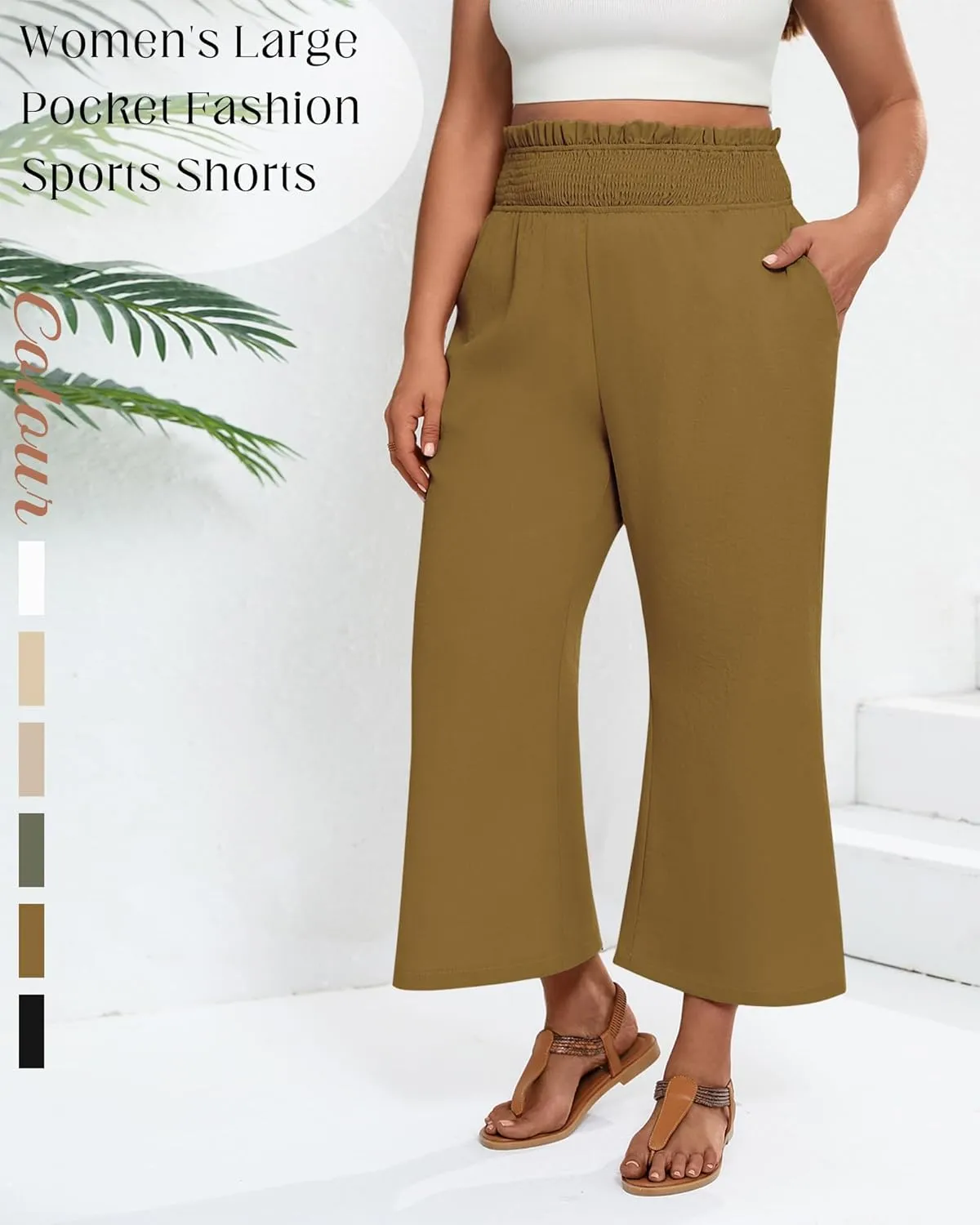 2 Pack Women's Plus Size Linen Pants, Elastic Waist Flowy Cropped Pants Casual Wide Leg Capri Palazzo Trousers