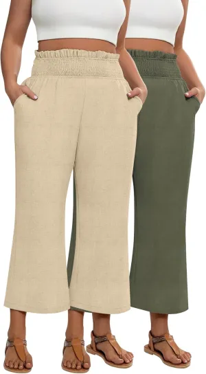 2 Pack Women's Plus Size Linen Pants, Elastic Waist Flowy Cropped Pants Casual Wide Leg Capri Palazzo Trousers