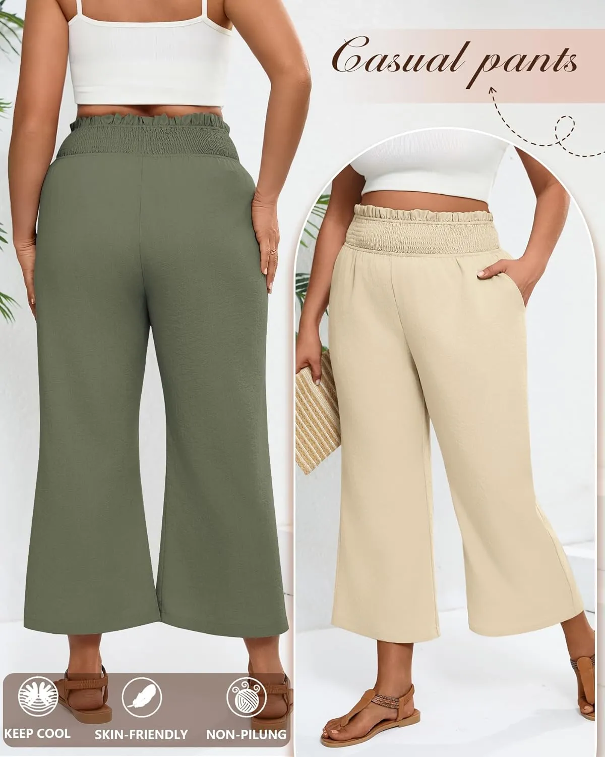 2 Pack Women's Plus Size Linen Pants, Elastic Waist Flowy Cropped Pants Casual Wide Leg Capri Palazzo Trousers