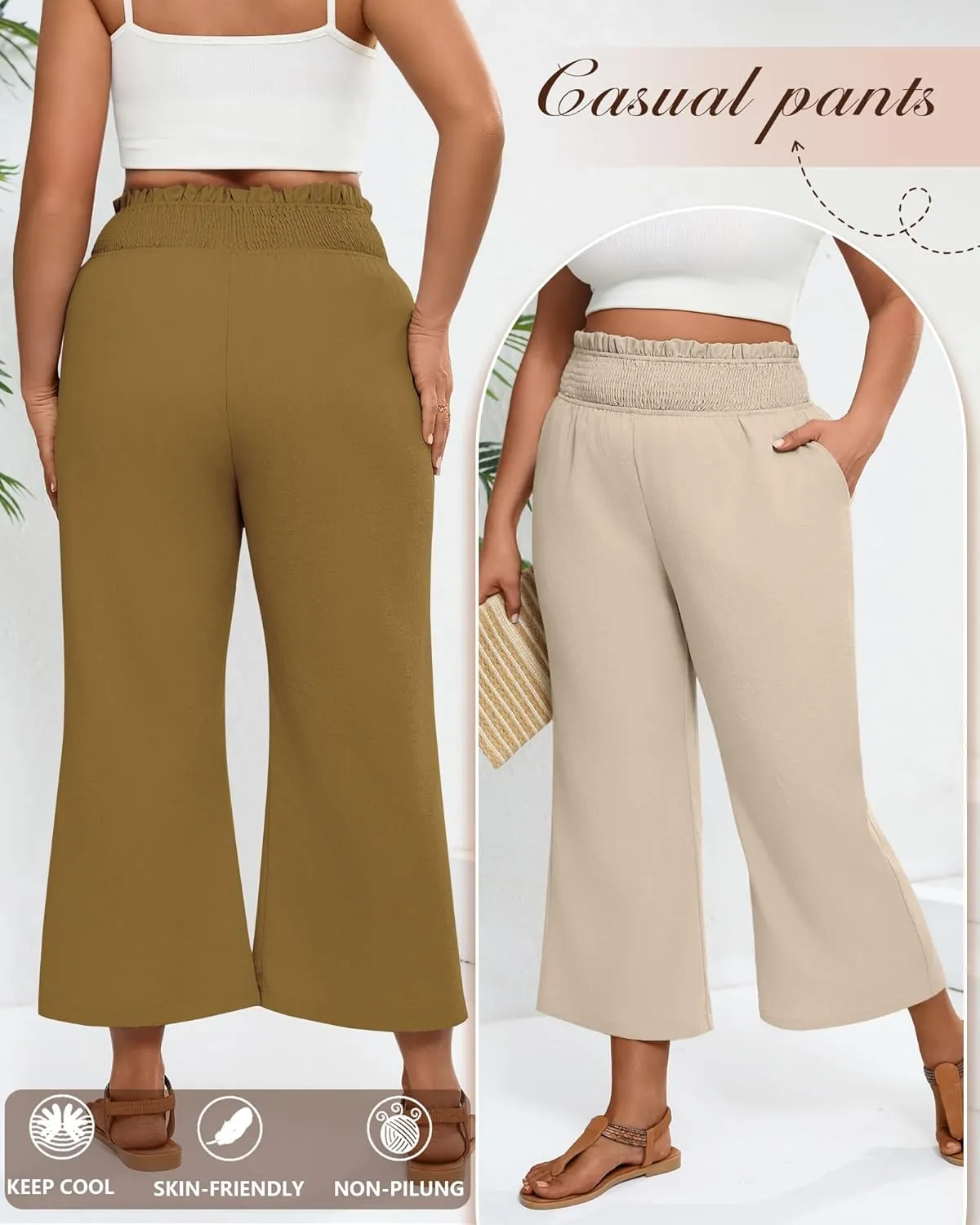 2 Pack Women's Plus Size Linen Pants, Elastic Waist Flowy Cropped Pants Casual Wide Leg Capri Palazzo Trousers
