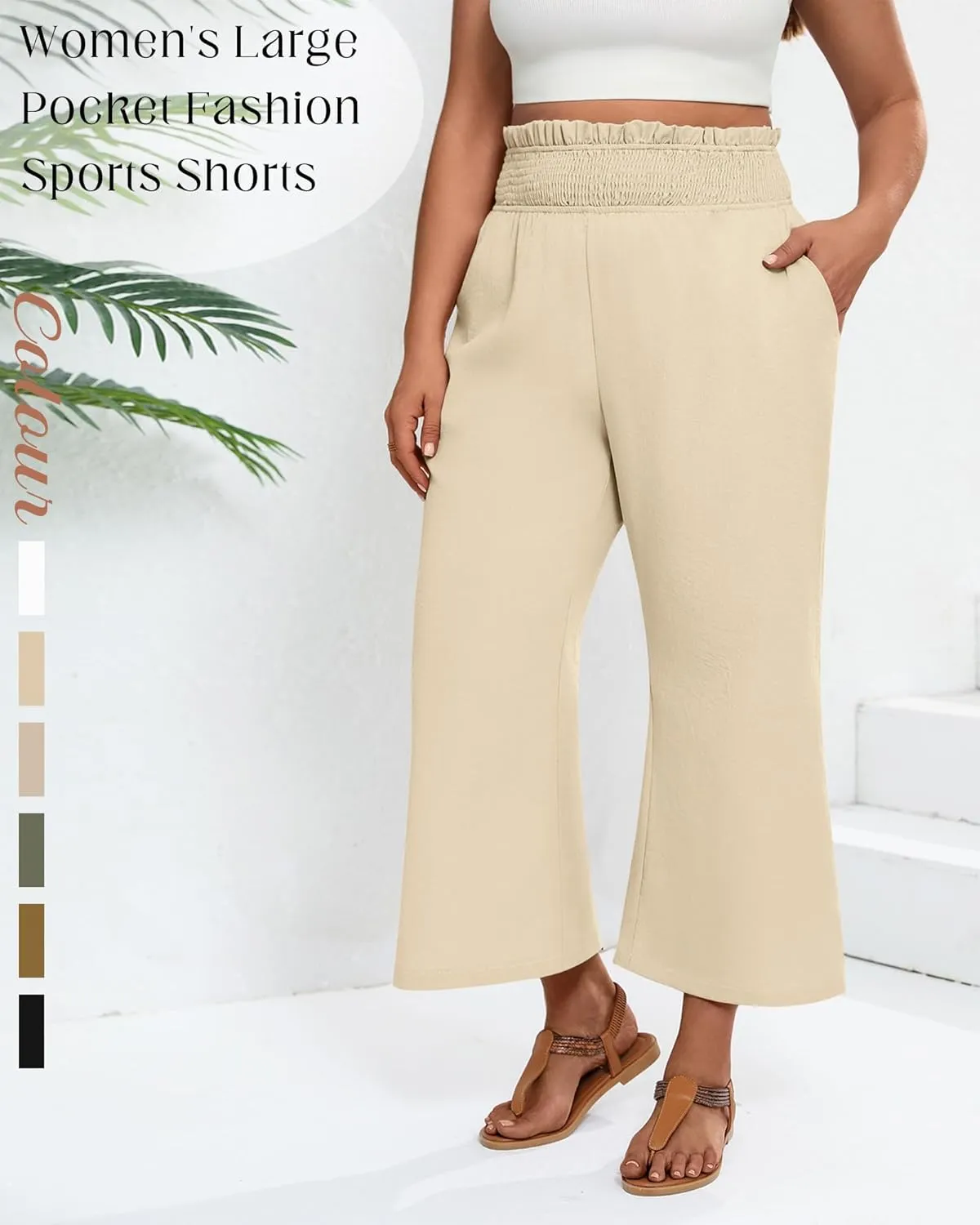 2 Pack Women's Plus Size Linen Pants, Elastic Waist Flowy Cropped Pants Casual Wide Leg Capri Palazzo Trousers