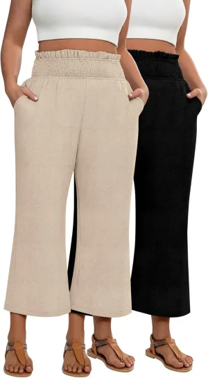 2 Pack Women's Plus Size Linen Pants, Elastic Waist Flowy Cropped Pants Casual Wide Leg Capri Palazzo Trousers