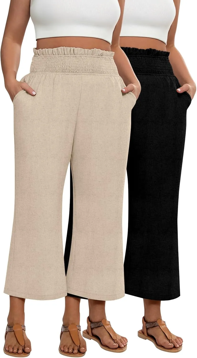 2 Pack Women's Plus Size Linen Pants, Elastic Waist Flowy Cropped Pants Casual Wide Leg Capri Palazzo Trousers