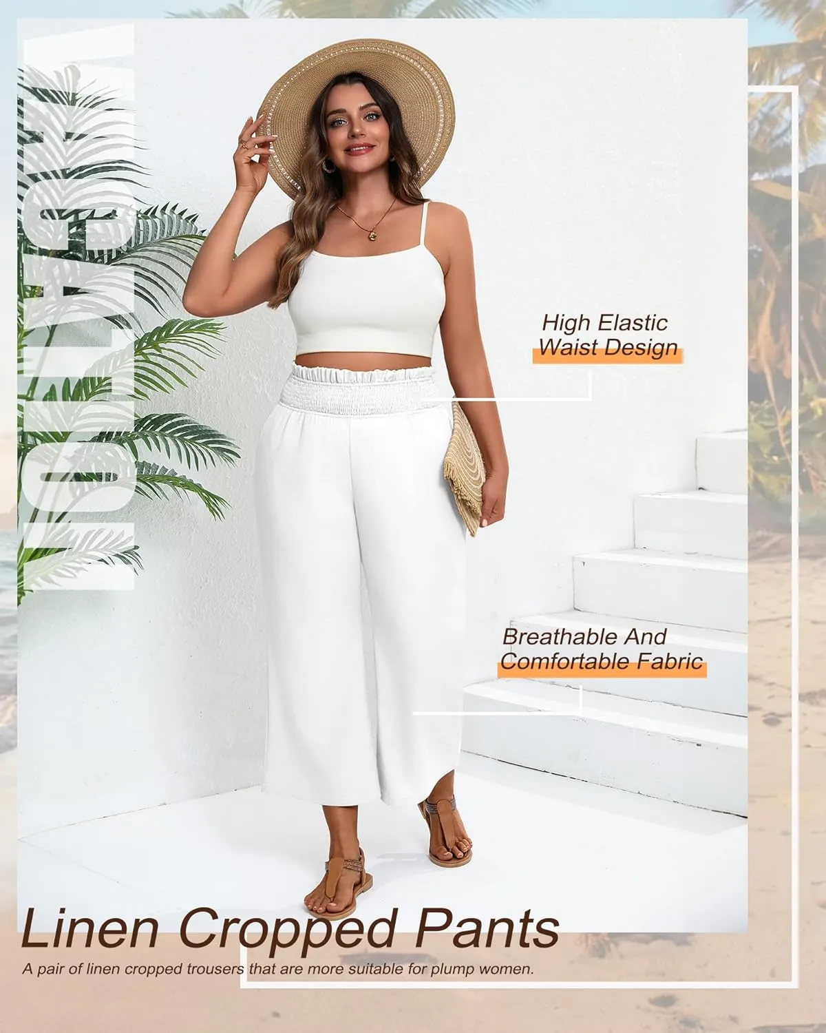 2 Pack Women's Plus Size Linen Pants, Elastic Waist Flowy Cropped Pants Casual Wide Leg Capri Palazzo Trousers