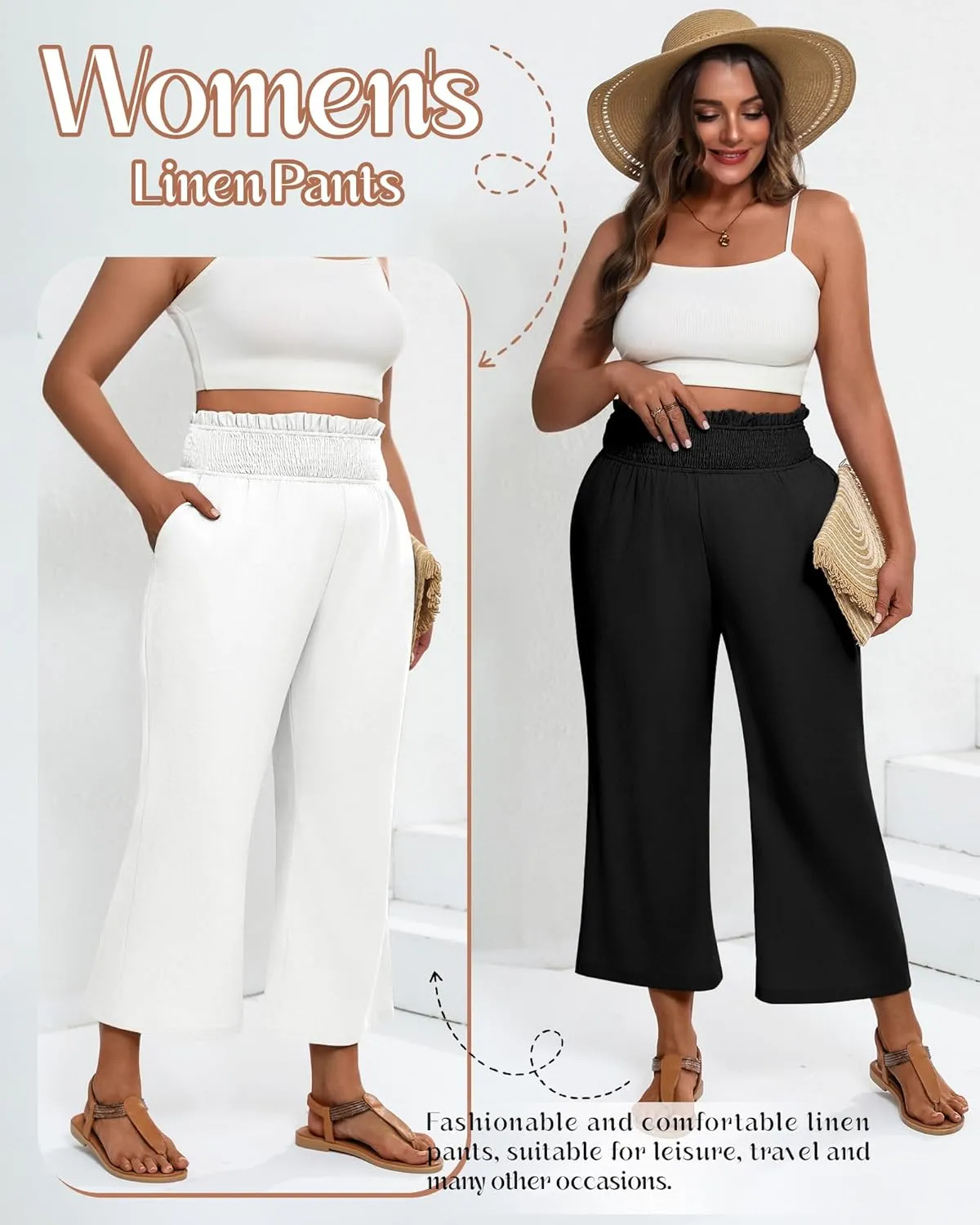 2 Pack Women's Plus Size Linen Pants, Elastic Waist Flowy Cropped Pants Casual Wide Leg Capri Palazzo Trousers