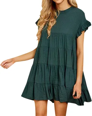 2023 Women's Ruffle Sleeve Round Neck Mini Dress Summer Casual Solid Loose Short Flowy Pleated Dress Swing Party Dress