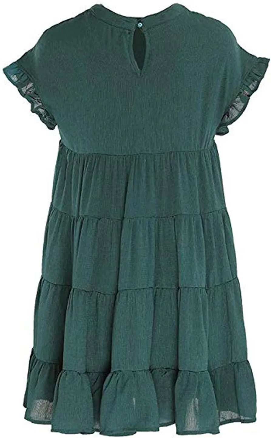 2023 Women's Ruffle Sleeve Round Neck Mini Dress Summer Casual Solid Loose Short Flowy Pleated Dress Swing Party Dress