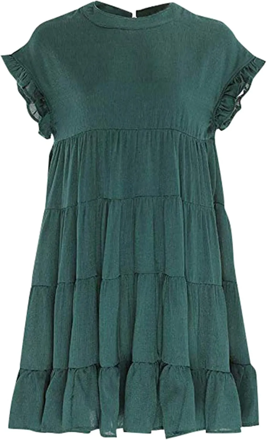 2023 Women's Ruffle Sleeve Round Neck Mini Dress Summer Casual Solid Loose Short Flowy Pleated Dress Swing Party Dress