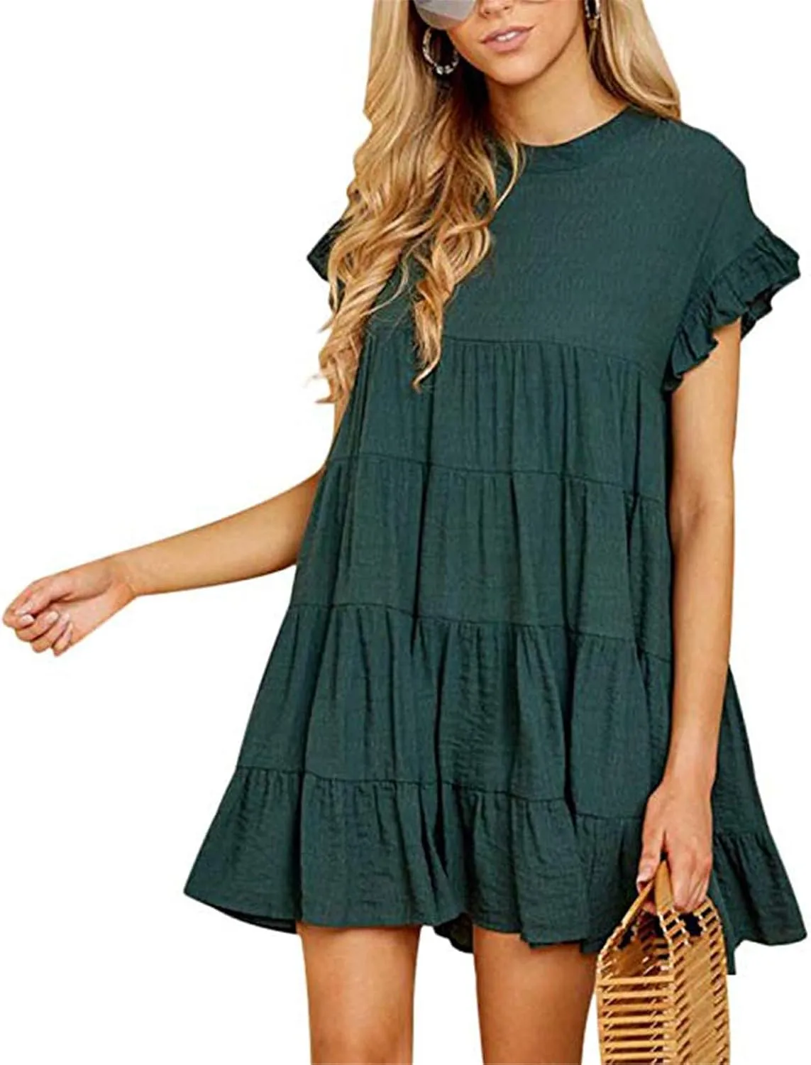2023 Women's Ruffle Sleeve Round Neck Mini Dress Summer Casual Solid Loose Short Flowy Pleated Dress Swing Party Dress