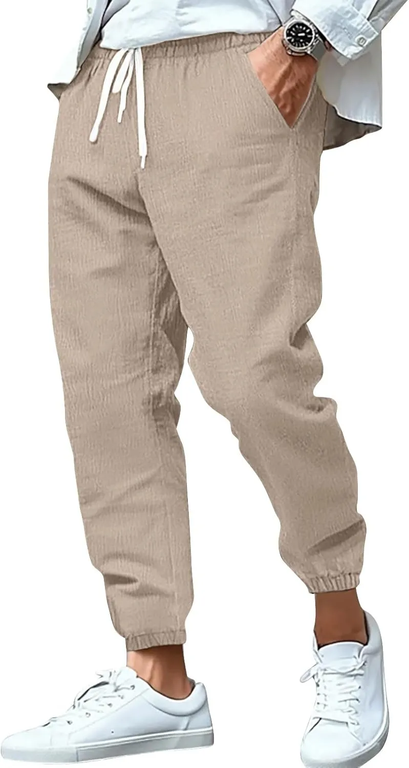 2025 Men's Cotton and Linen Solid Color Pants Drawstring Breathable Slim Fit Pants