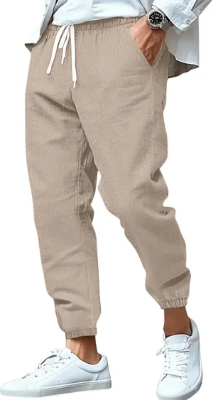2025 Men's Cotton and Linen Solid Color Pants Drawstring Breathable Slim Fit Pants