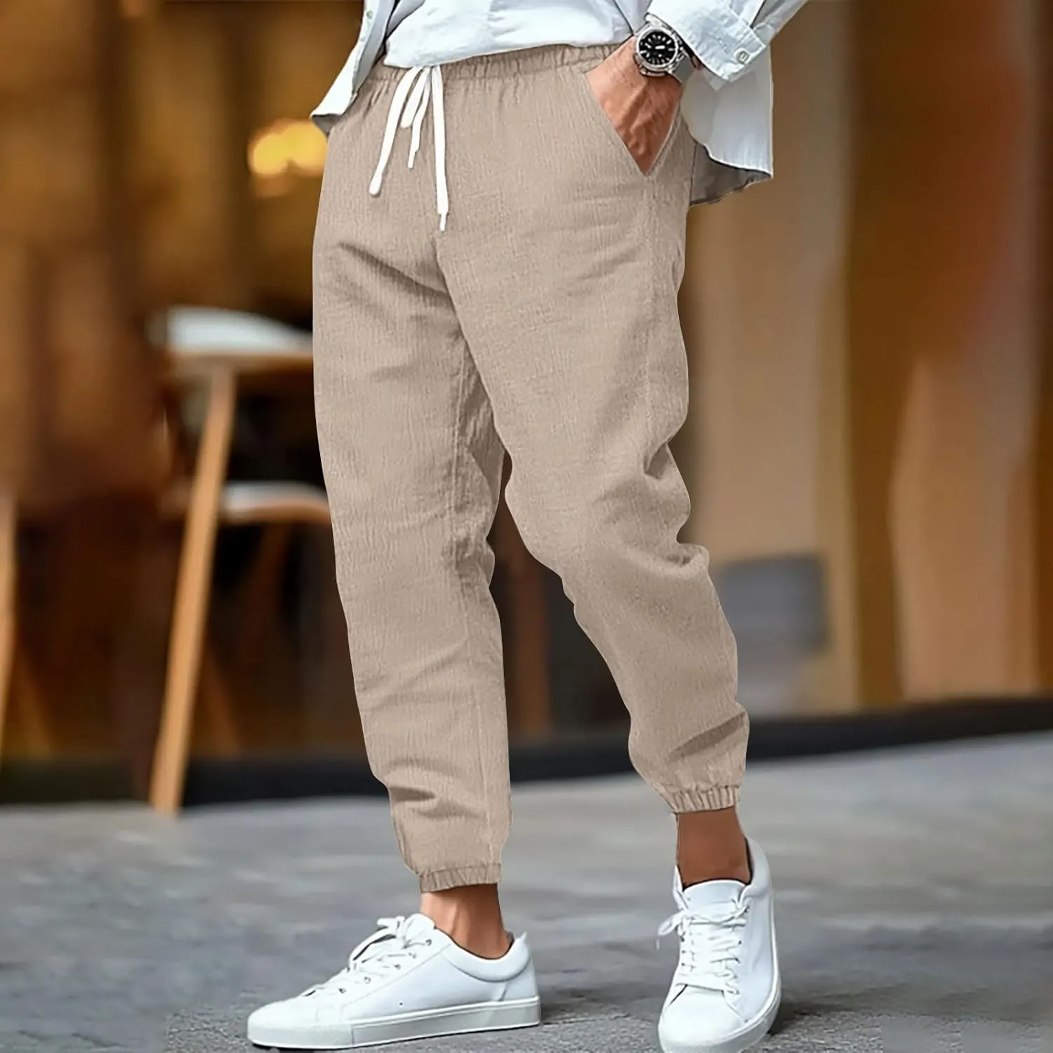 2025 Men's Cotton and Linen Solid Color Pants Drawstring Breathable Slim Fit Pants