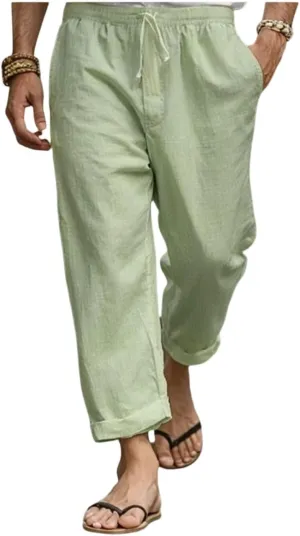 2025 Men's Cotton Linen Pants Elastic Waist Casual Solid Color Drawstring Straight Pants