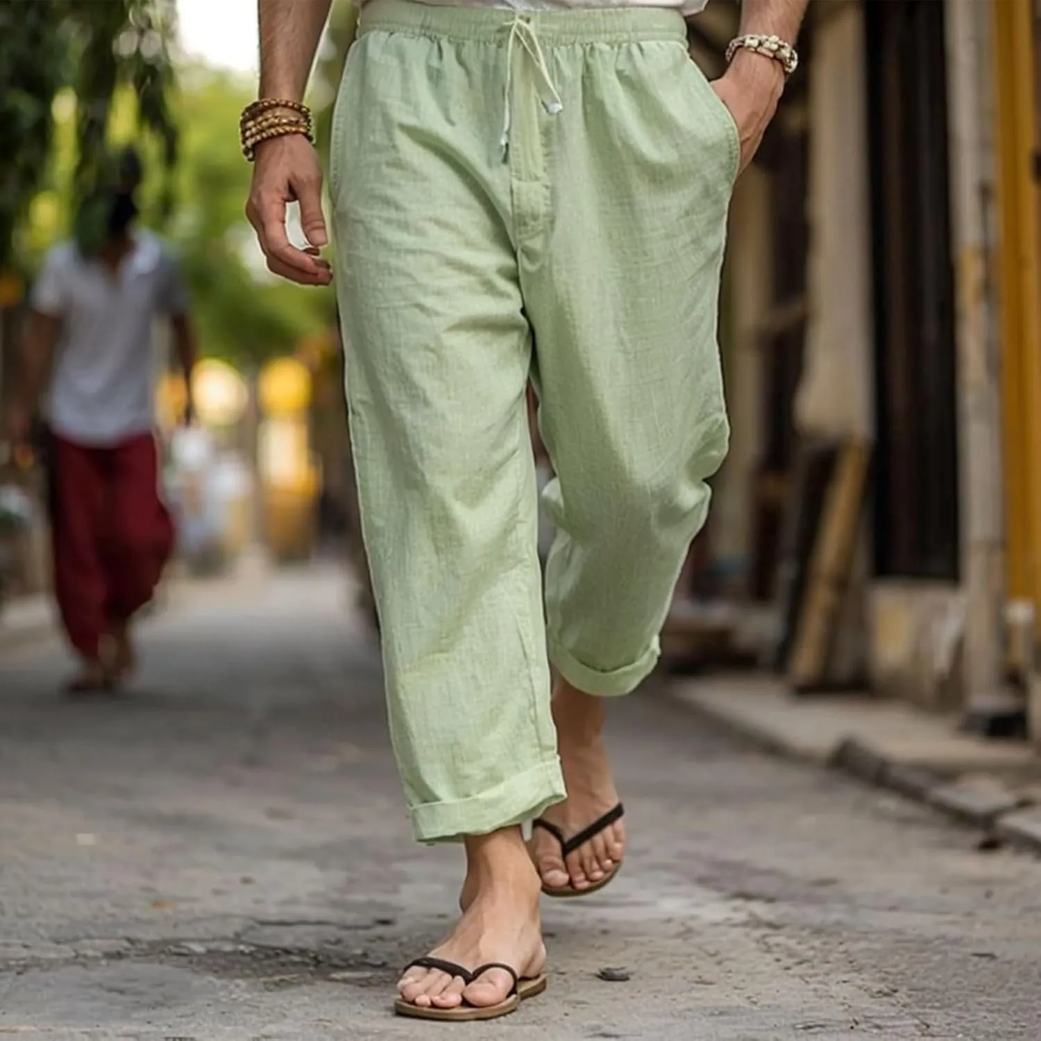 2025 Men's Cotton Linen Pants Elastic Waist Casual Solid Color Drawstring Straight Pants