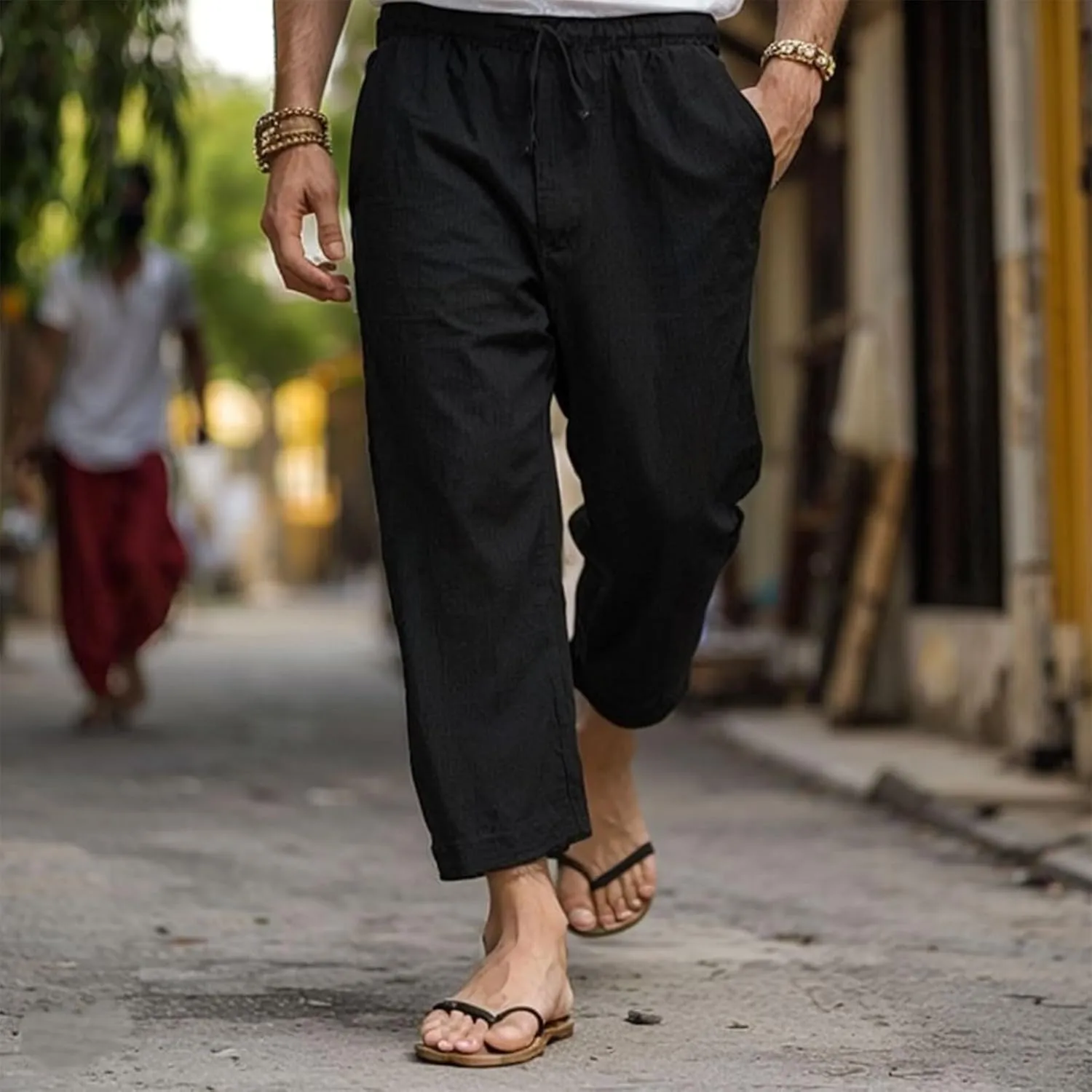 2025 Men's Cotton Linen Pants Elastic Waist Casual Solid Color Drawstring Straight Pants