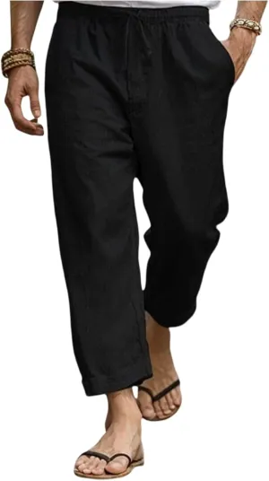 2025 Men's Cotton Linen Pants Elastic Waist Casual Solid Color Drawstring Straight Pants