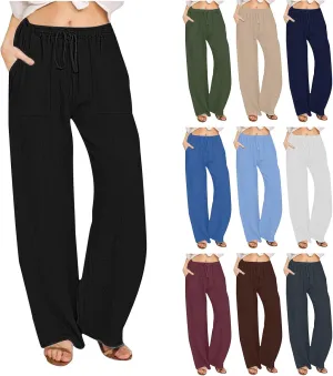 2025 Summer Beach Pants for Women Casual Drawstring Loose Fit Palazzo Pants Dressy Elastic Waist Trousers with Pocket