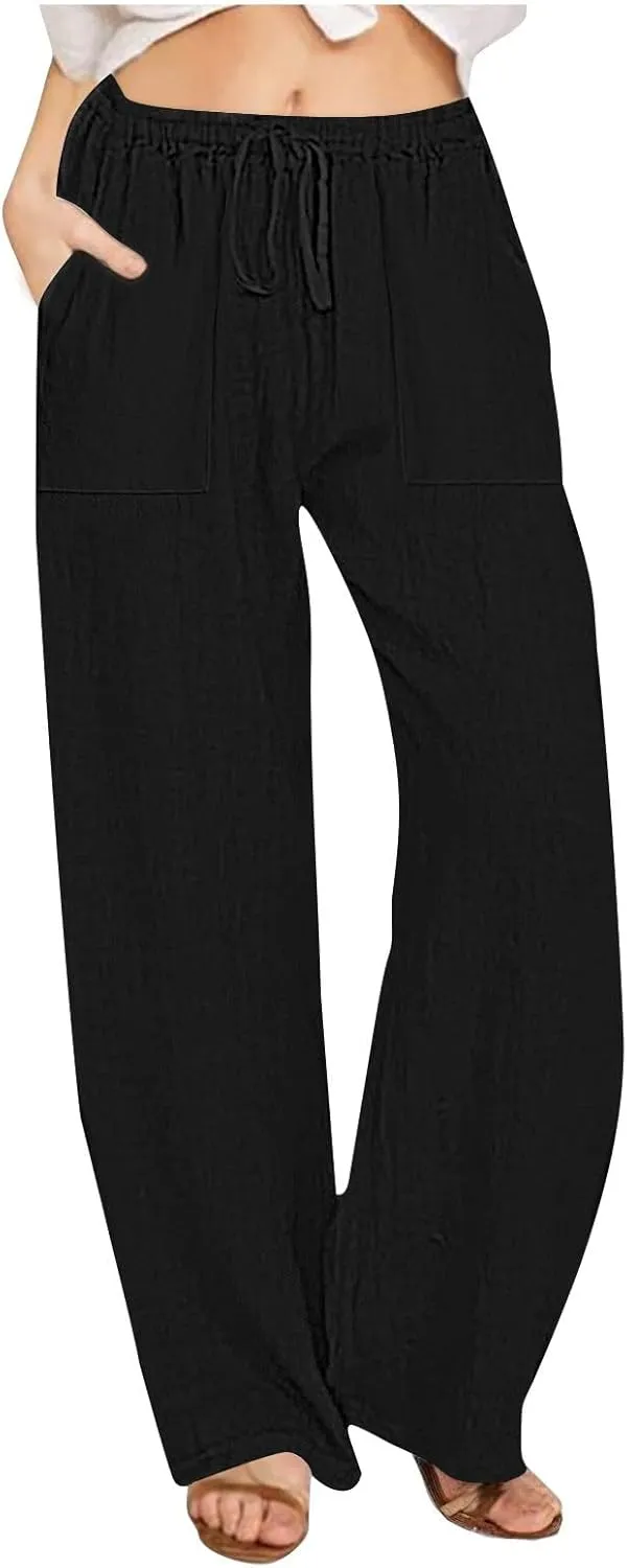 2025 Summer Beach Pants for Women Casual Drawstring Loose Fit Palazzo Pants Dressy Elastic Waist Trousers with Pocket