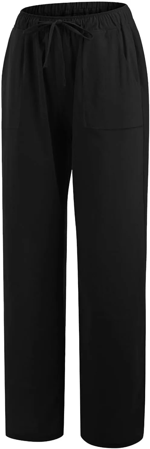 2025 Summer Beach Pants for Women Casual Drawstring Loose Fit Palazzo Pants Dressy Elastic Waist Trousers with Pocket
