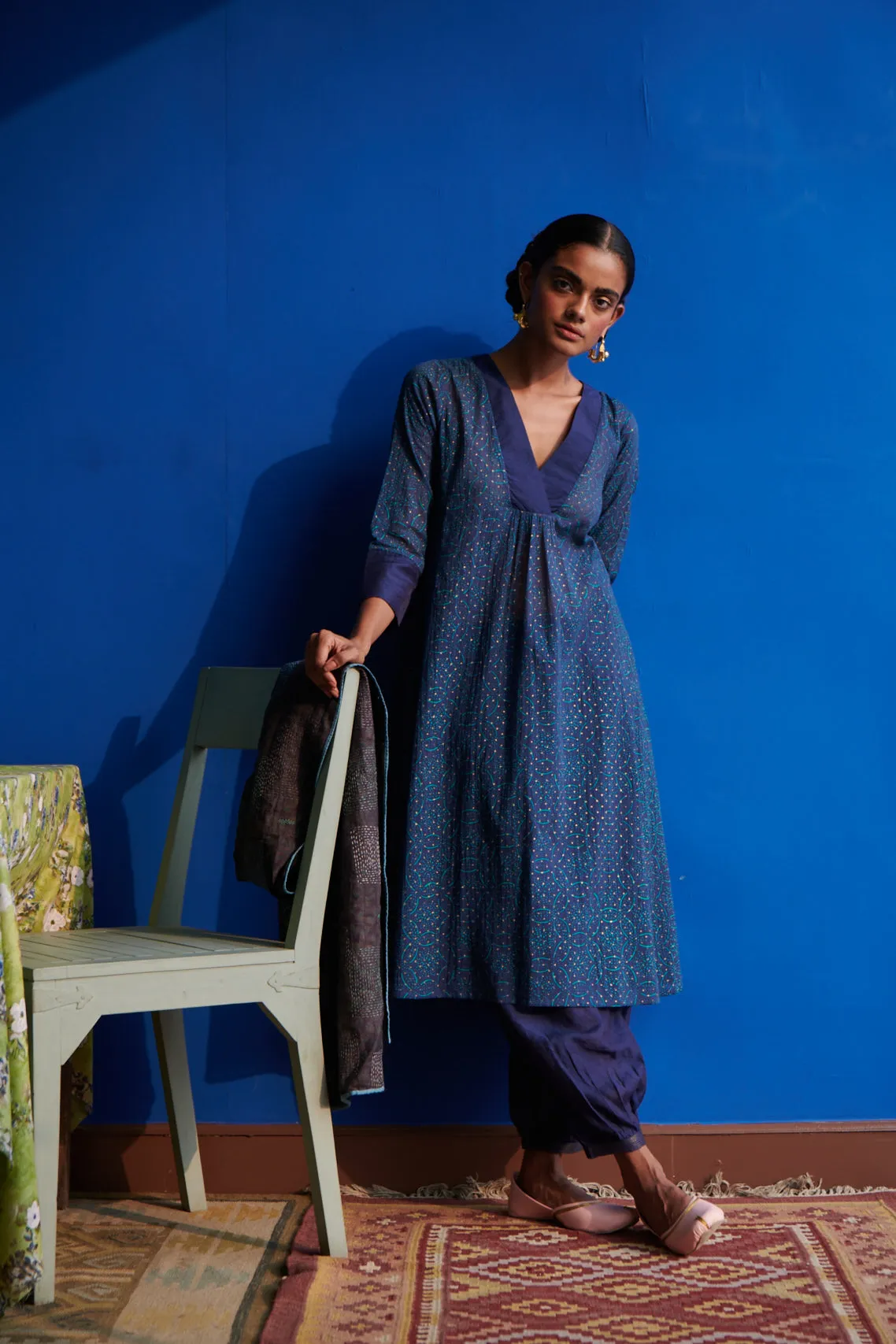 Bella Printed V- Neck Band Kurta & Gathered Hem Shalwar