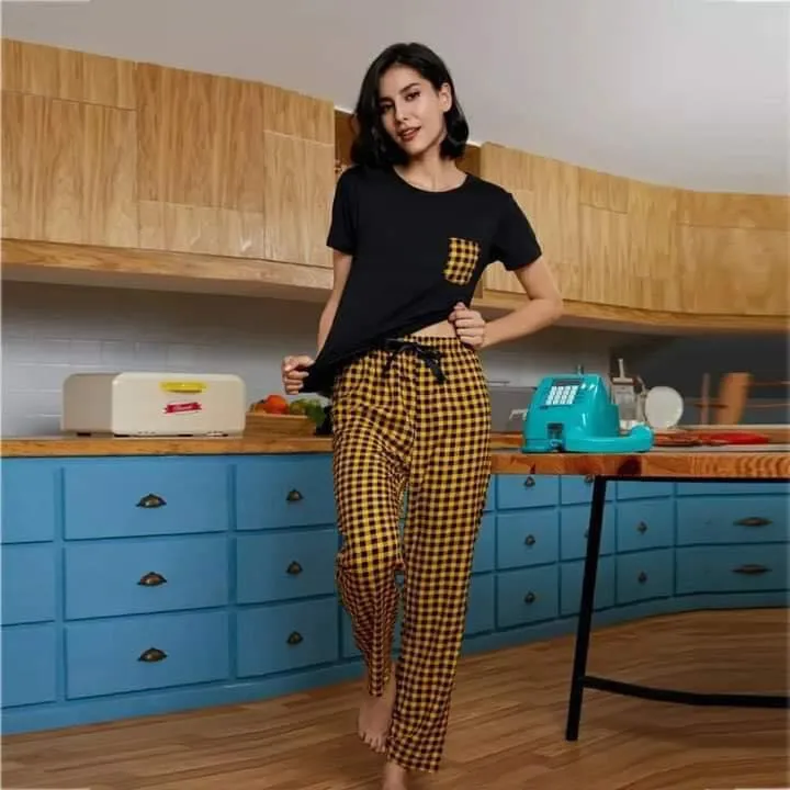 BLACK YELLOW CHECK POCKET PRINTED Lounge  WEAR