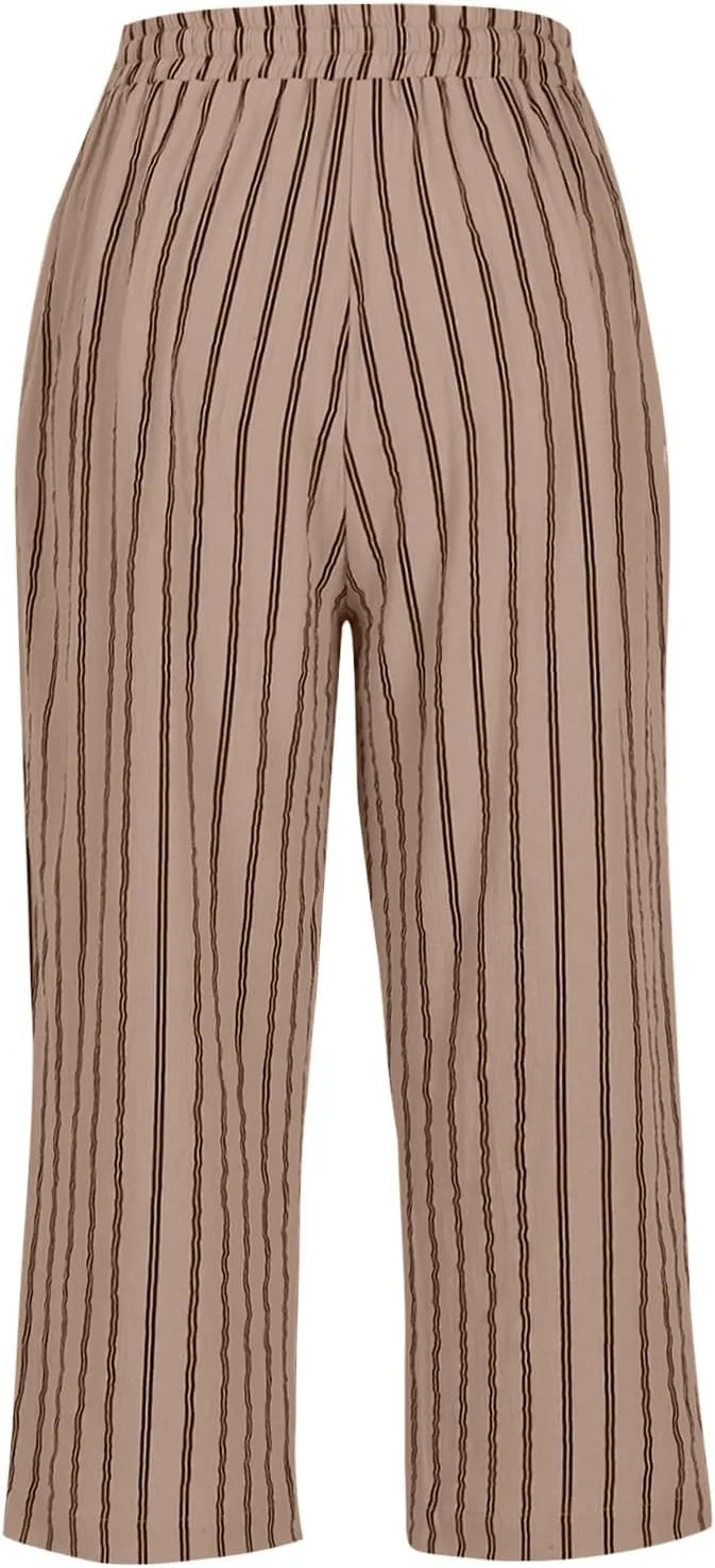 Capris for Women Fashion Casual Stripe Elastic Loose Pants Straight Wide Leg Trousers Womens Beach Vacation Outfits