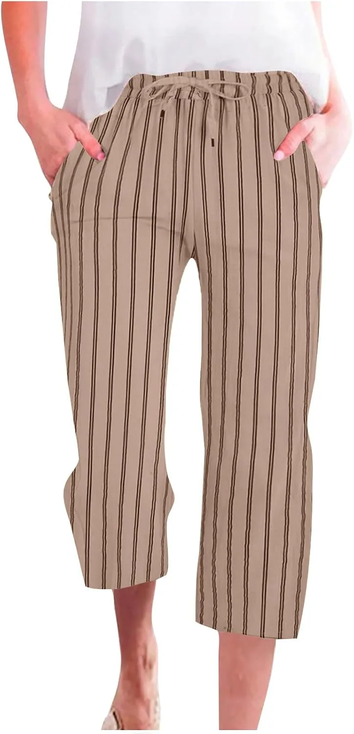Capris for Women Fashion Casual Stripe Elastic Loose Pants Straight Wide Leg Trousers Womens Beach Vacation Outfits