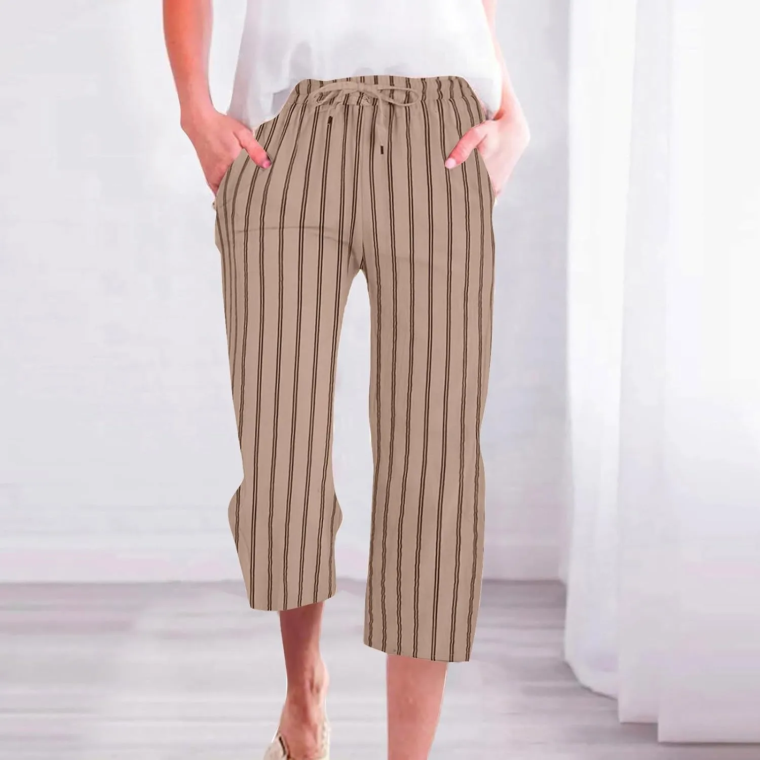 Capris for Women Fashion Casual Stripe Elastic Loose Pants Straight Wide Leg Trousers Womens Beach Vacation Outfits