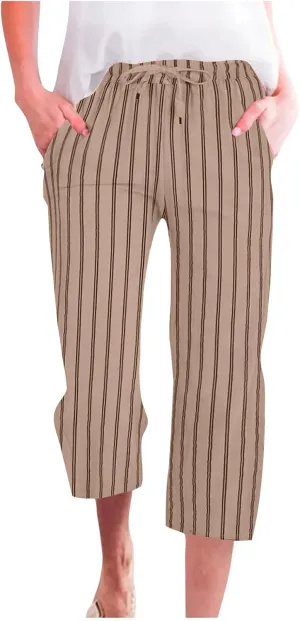 Capris for Women Fashion Casual Stripe Elastic Loose Pants Straight Wide Leg Trousers Womens Beach Vacation Outfits