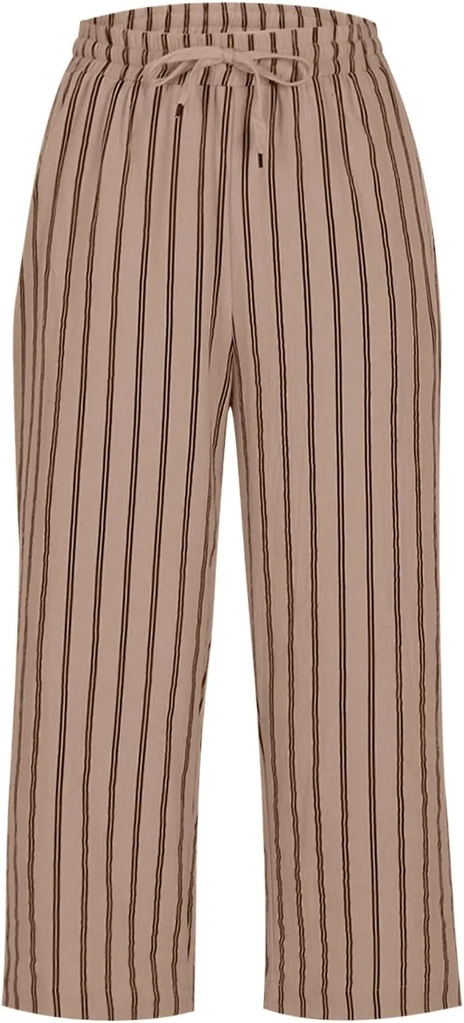 Capris for Women Fashion Casual Stripe Elastic Loose Pants Straight Wide Leg Trousers Womens Beach Vacation Outfits
