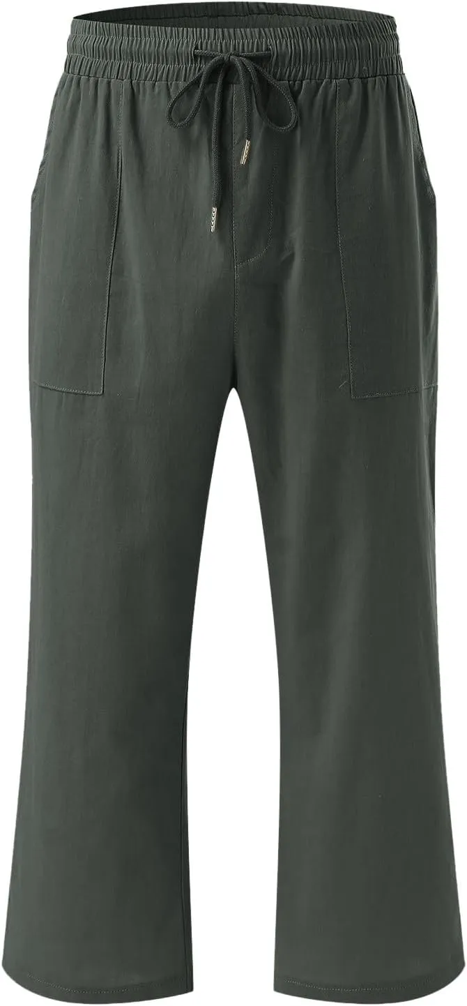 Capris Pants for Women Cotton Linen Casual Summer 2025 Drawstring Elastic Waist Straight Wide Leg Loose Cropped Trouser