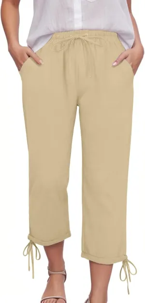 Capris Pants for Women Cotton Linen Casual Summer 2025 Drawstring Elastic Waist Straight Wide Leg Loose Cropped Trouser