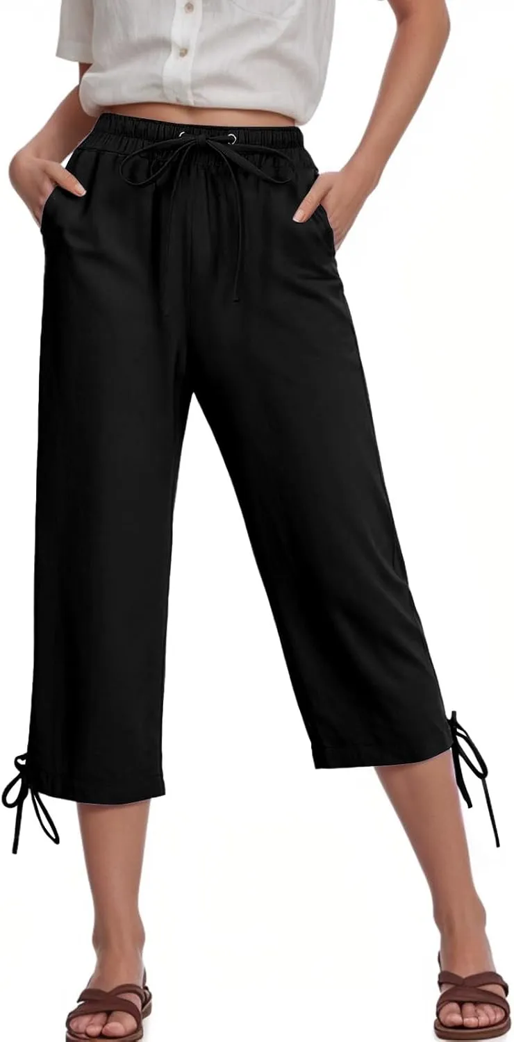 Capris Pants for Women Cotton Linen Casual Summer 2025 Drawstring Elastic Waist Straight Wide Leg Loose Cropped Trouser