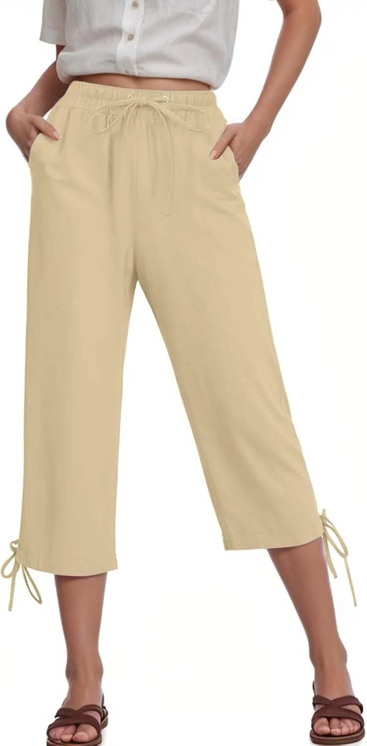 Capris Pants for Women Cotton Linen Casual Summer 2025 Drawstring Elastic Waist Straight Wide Leg Loose Cropped Trouser