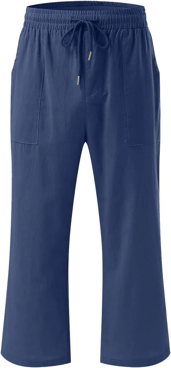 Capris Pants for Women Cotton Linen Casual Summer 2025 Drawstring Elastic Waist Straight Wide Leg Loose Cropped Trouser