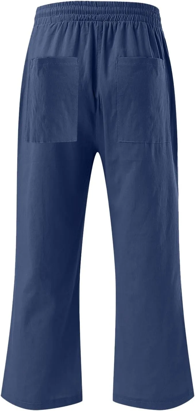 Capris Pants for Women Cotton Linen Casual Summer 2025 Drawstring Elastic Waist Straight Wide Leg Loose Cropped Trouser