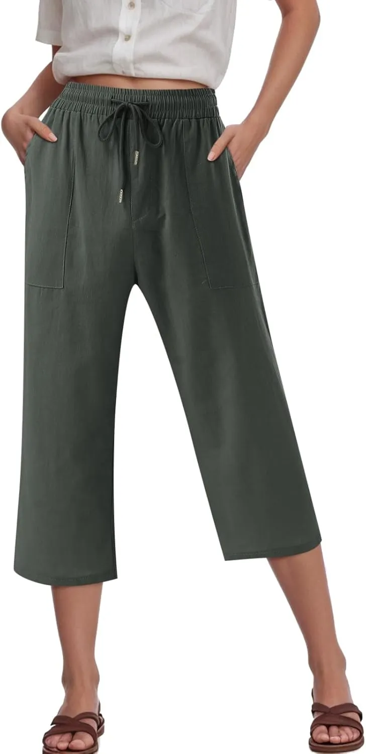 Capris Pants for Women Cotton Linen Casual Summer 2025 Drawstring Elastic Waist Straight Wide Leg Loose Cropped Trouser