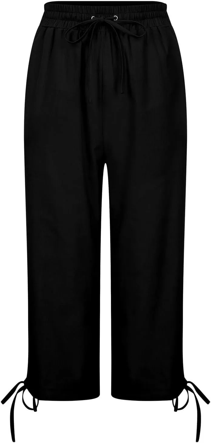 Capris Pants for Women Cotton Linen Casual Summer 2025 Drawstring Elastic Waist Straight Wide Leg Loose Cropped Trouser